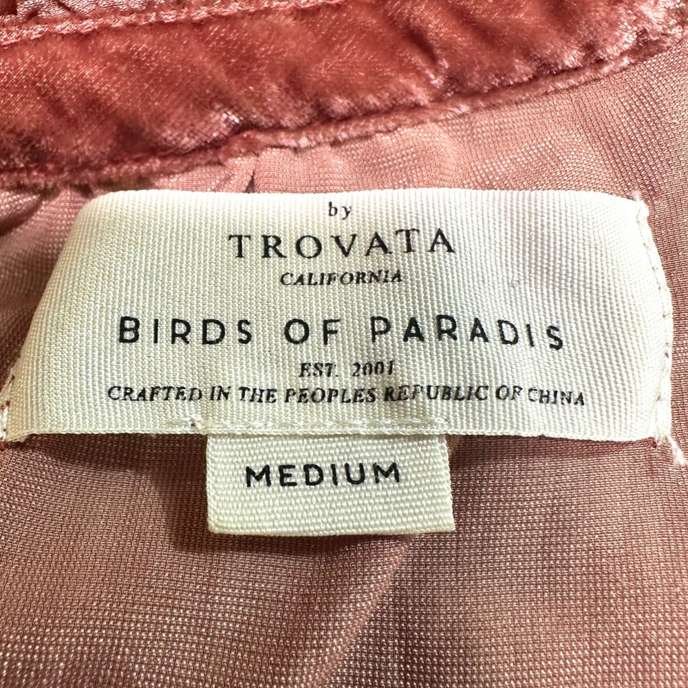 TROVATA BIRDS OF PARADIS Pink Velvet Ruffle Neck Bow Blouse M Balloon Sleeve - Picture 6 of 7